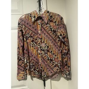 Vintage Primstyle Floral Psychedelic Blouse Women's L Retro 70s Artsy Buttons